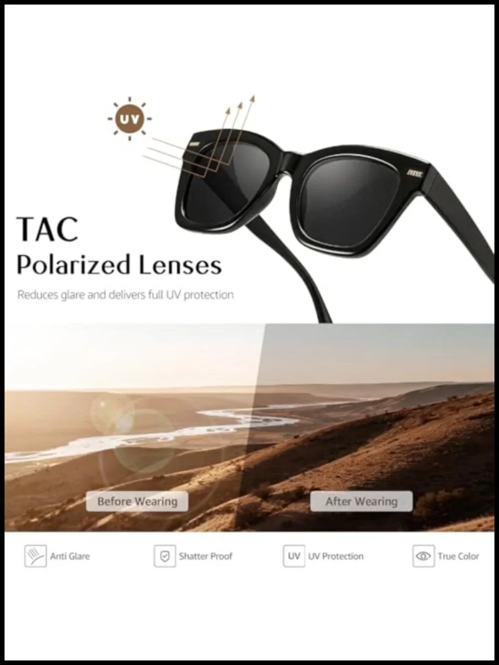 Retro Oversized Square Cat-Eye Polarized Sunglasses with Metal Accents